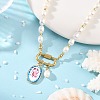 Printed Brass Oval Pendant Natural Cultured Freshwater Pearl Beaded Necklaces for Women NJEW-JN06384-1
