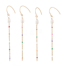 Natural Pearl with Enamel Long Chain Dangle Earrings for Women EJEW-JE04789