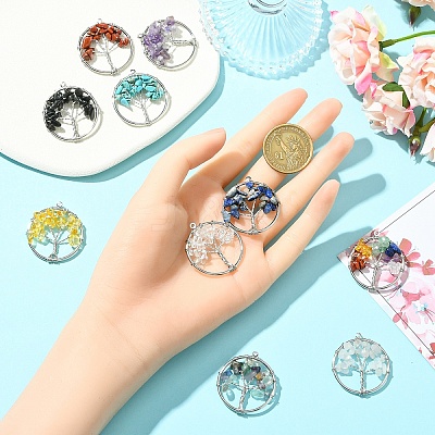 10Pcs 10 Styles Chakra Natural Mixed Stone Tree fo Life Pendants G-YW0002-31-1