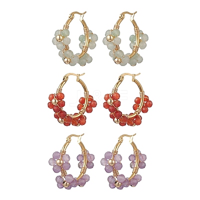 3 Pairs Flower Brass Natural Gemstone Hoop Earrings EJEW-TA00781-1