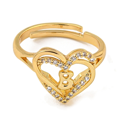 Heart with Letter Rack Plating Brass Micro Pave Clear Cubic Zirconia Adjustable Rings for Women RJEW-I105-01G-B-1