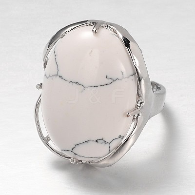 Adjustable Oval Brass Natural  Howlite Wide Band Rings RJEW-L062-03B-1