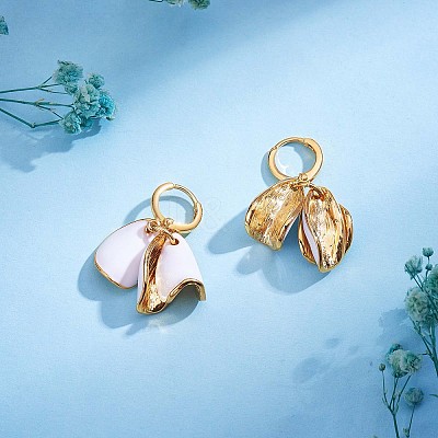 White Enamel Lilies Flower Dangle Hoop Earrings JE970A-1