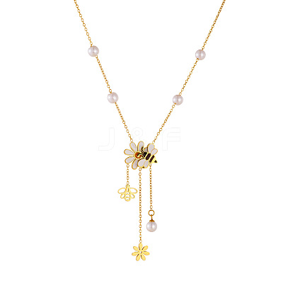 304 Stainless Steel White and Yellow Enamel with Plastic Pearl Bee Flower Tassel Pendant Necklaces for Women FS-WGCFE06-01-1