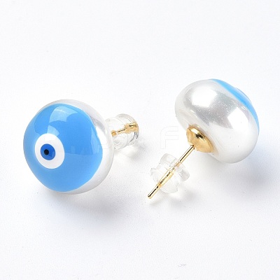 Natural Shell Evil Eye Stud Earrings with Enamel EJEW-G334-06G-1