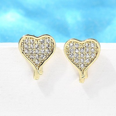 Heart Brass Micro Pave Cubic Zirconia Ear Studs EJEW-D304-35P-1
