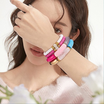 10Pcs 10 Style Handmade Polymer Clay Heishi Beaded Stretch Bracelets Set with Heart BJEW-SW00036-02-1