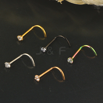 304 Stainless Steel Micro Pave Clear Cubic Zirconia Flat Round Fishtail Nose Rings WG924B3-02-1