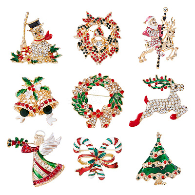 9Pcs 9 Styles Christmas Theme Rhinestone Brooch Pin JEWB-DC0001-33-1
