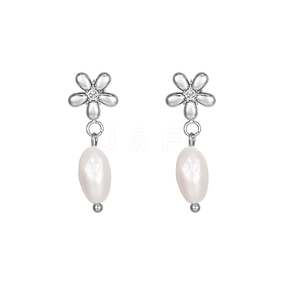 304 Stainless Steel Flower Earrings with Natural Pearls for Women GE0361-2-1