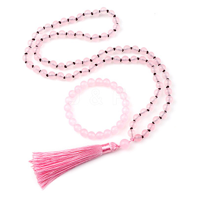 Natural Rose Quartz Round Beaded Pendant Necklaces & Bracelets Sets FS-WG9D102-14-1