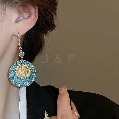 Flat Round with Sunflower Alloy Glass Dangle Earrings FS-WG8AC10-01-1