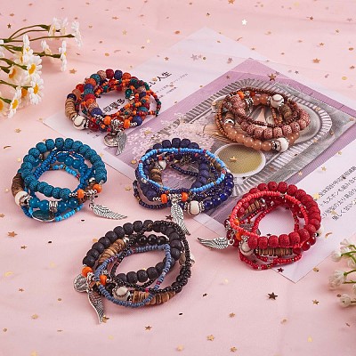 5Pcs 5 Style Wood & Glass Seed & Acrylic Beaded Stretch Bracelets Set with Baseball JB709E-1