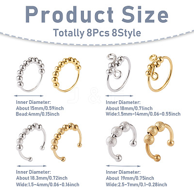 8Pcs 8 Style Brass Rotating Beaded Cuff Rings RJEW-SW0001-01-1