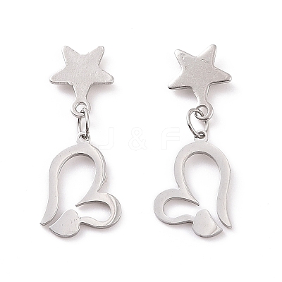 Valentine's Day Heart with Star 304 Stainless Steel Dangle Stud Earrings for Women EJEW-G328-04-1