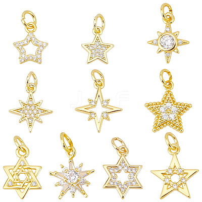 10Pcs 10 Styles Rack Plating Brass Micro Pave Clear Cubic Zirconia Pendants KK-SC0007-90-1