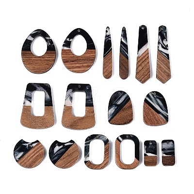 16Pcs 8 Styles Opaque Resin & Walnut Wood Pendants RESI-N053-01-1