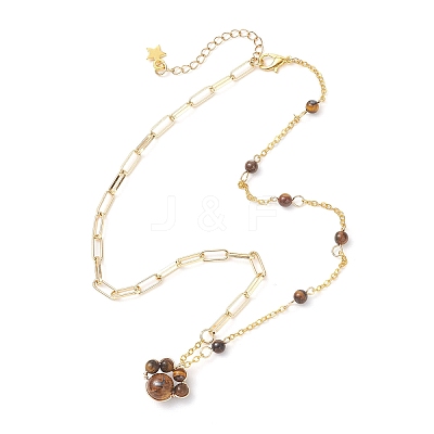 Natural Tiger Eye Paw Print Pendant Brass Paperclip Chain Cable Chain Necklaces for Women NJEW-JN05790-1