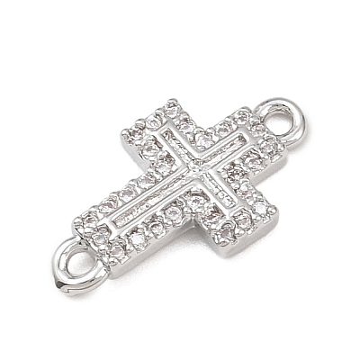 Cross Brass Micro Pave Clear Cubic Zirconia Connector Charms KK-P339-04P-1