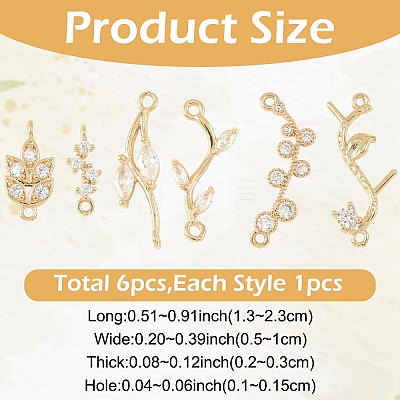 6Pcs 6 Styles Brass Micro Pave Cubic Zirconia Leaf Branch Links Connector Charms KK-YW0004-38-RS-1