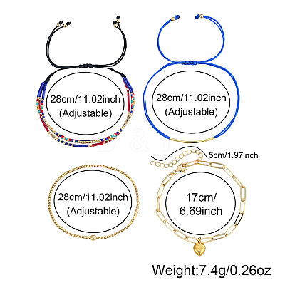 4Pcs 4 Styles Glass Seed Beads Multi-strand Braided Bead Bracelets & Brass Round Beads Stretch Bracelets & Heart 304 Stainless Steel Charm Bracelets & Brass Tube Braided Bracelets Set for Women VV5058-1-1