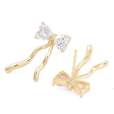 Bowknot Brass Pave Clear Cubic Zirconia Stud Earrings for Women EJEW-S216-02B-G-1
