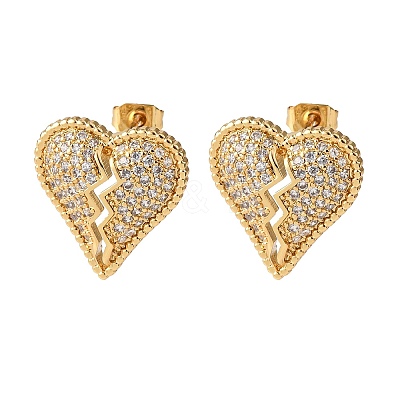 Broken Heart Brass Micro Pave Cubic Zirconia Stud Earrings EJEW-B153-19G-04-1