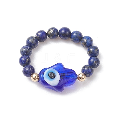 Natural & Synthetic Mixed Gemstone & Evil Eye Lampwork Beaded Stretch Rings RJEW-JR00573-1