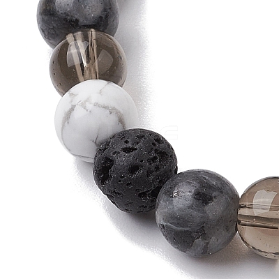 8.5mm Round Natural Larvikite & Howlite & Synthetic Smoky Quartz & Natural Lava Rock Bead Stretch Bracelets for Women BJEW-JB10944-03-1