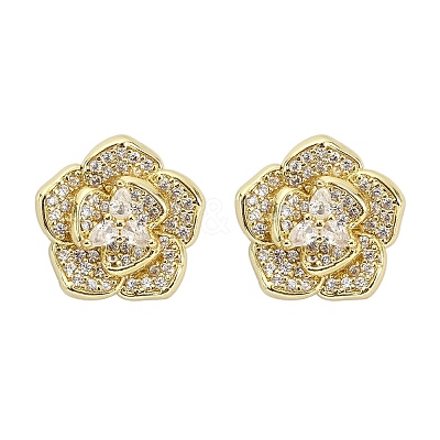 Flower Brass Micro Pave Clear Cubic Zirconia Stud Earrings EJEW-M082-19G-1