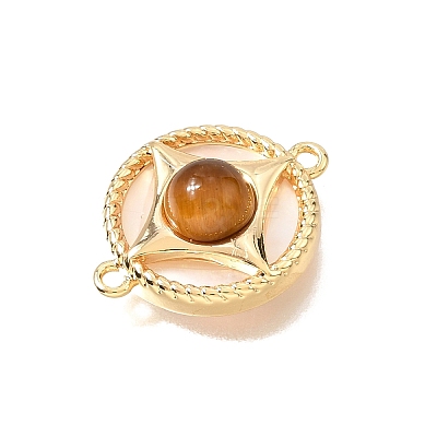 Natural Tiger Eye & Natural Shell Brass Flat Round Links Connector Charms KK-N289-16G-01-1