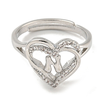 Heart with Letter Rack Plating Brass Micro Pave Clear Cubic Zirconia Adjustable Rings for Women RJEW-I105-01P-N-1