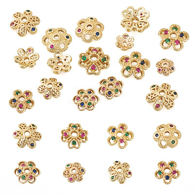 16Pcs 8 Styles Brass Micro Pave Cubic Zirconia Bead Caps ZIRC-TA0001-23G-1