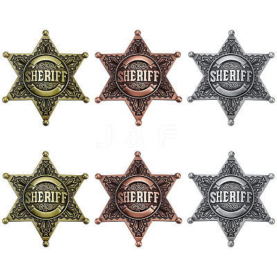 6Pcs 3 Colors Star of David with Word Sheriff Alloy Lapel Pins for Backpack Clothes JEWB-HY0001-52-1