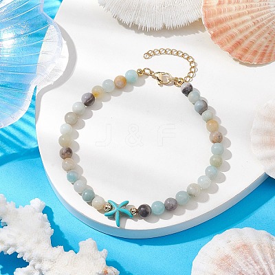 Natural Flower Amazonite & Synthetic Turquoise Charm Anklets for Women AJEW-AN00616-03-1