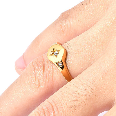 Flat Round with Star Pattern 304 Stainless Steel Micro Pave Clear Cubic Zirconia Finger Rings FS-WG7CEF6-02-1