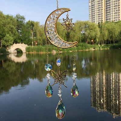 Natural Quartz Crystal Chip & Metal Moon Hanging Suncatchers PW-WG15083-05-1