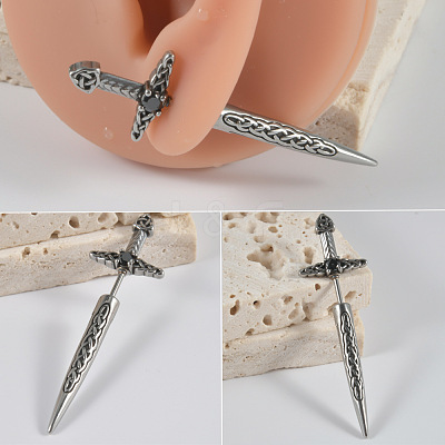 304 Stainless Steel Jet Rhinestone Sword Shaped Cartilage Earrings FS-WG69314-01-1