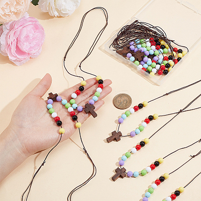 Wood Cross with Acrylic Beaded Pendant Necklaces for Women NJEW-AB00011-1