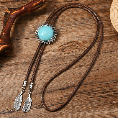 Alloy with Synthetic Turquoise Pendant Waxed Cord Bolo Tie Lariat Necklaces FS-WGCCEF8-06-1