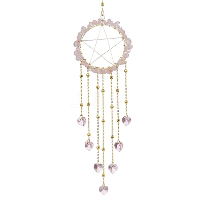 Wire Wrapped Natural Rose Quartz Chips Ring Hanging Ornaments HJEW-JM02371-02-1