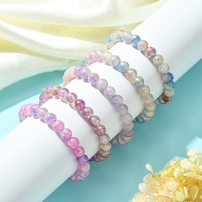 5Pcs 5 Color Crackle Glass Round Beaded Stretch Bracelets Set BJEW-JB09695-01-1