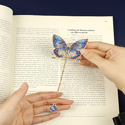 2Pcs 2 Styles Butterfly Alloy Enamel Charms Bookmarks with Chain AJEW-LP0004-24B-1