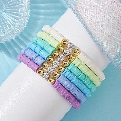 6Pcs 6 Color Polymer Clay Disc & Rhinestone Beaded Stretch Bracelets Set BJEW-JB09673-1