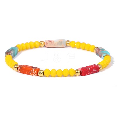 Dyed Synthetic Imperial Jasper Cuboid & Faceted Rondelle Dyed White Jade & Round Brass Beaded Stretch Bracelets QY8342-3-1