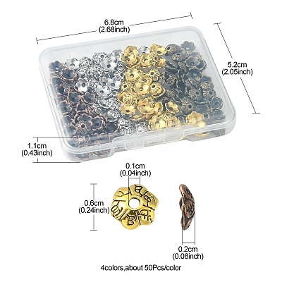200Pcs 4 Colors 6-Petal Tibetan Style Alloy Flower Bead Caps TIBE-FS0001-03-1