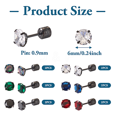 12Pcs 6 Colors Cubic Zirconia Diamond Stud Earrings EJEW-TA0001-09-1