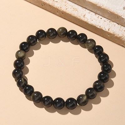 Natural Golden Sheen Obsidian Bead Stretch Bracelets X-BJEW-K212-B-020-1