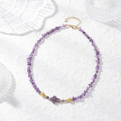 Natural Amethyst Chip with Cross Beaded Necklaces NJEW-JN05513-1