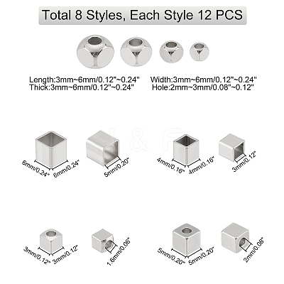 96Pcs 8 Style 304 Stainless Steel Beads STAS-DC0005-74-1